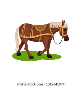Cute brown horse with blonde mane and tail. Hoofed mammal animal with saddle on back. Flat vector design