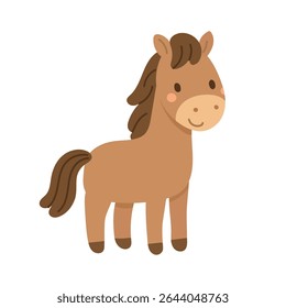 Desenho animado de cavalo marrom bonito com juba fofa, expressão doce e postura suave. Ótimo para temas agrícolas de crianças e ilustrações de pôneis.