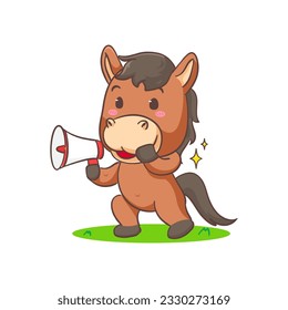 Cute brown horse cartoon holding megaphone isolated white background. Adorable kawaii animal concept design vector illustration