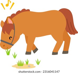 Cute brown horse eating grasses