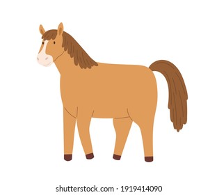 Cute brown horse isolated on white background. Smiling little pony. Funny childish character. Colored flat cartoon vector illustration