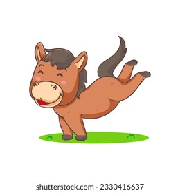 Cute brown horse kicking cartoon isolated white background. Adorable kawaii animal concept design vector illustration