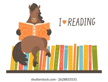 Cute brown horse reading book on bookshelf. Domestic animal holding book.