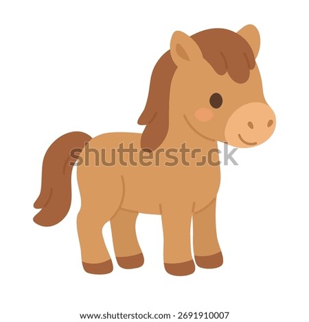 Cute brown horse standing, flat vector cartoon illustration, isolated domestic farm animal.