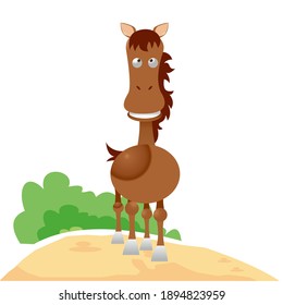 A cute brown horse stands on a mound of earth and there is green grass isolated on a white background, a collection of cartoon animal models, suitable for doll models, t-shirt printing, card printing,