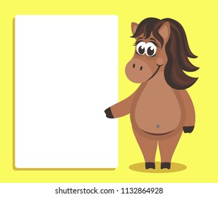Cute brown Horse with white banner or board. Template for your text. Cartoon  character on yellow background. Place your text on blank sheet. Flat style. Colorful vector illustration.