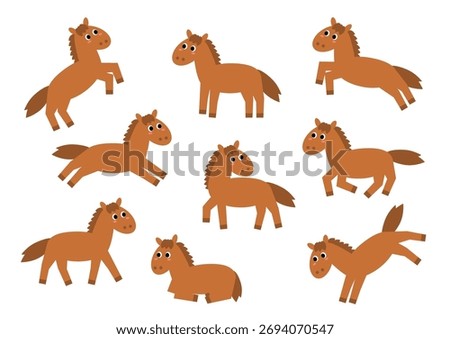 Cute brown horses. A set of various poses. Vector illustration. White background.
