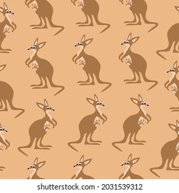 Cute brown kangaroo with little child and red hearts. Adorable animals character mom and baby. Australian marsupials hand drawn vector illustration. Childish seamless pattern.