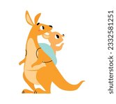 Cute Brown Kangaroo Marsupial Character with Joey Sitting in the Bag Vector Illustration