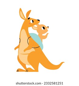 Cute Brown Kangaroo Marsupial Character with Joey Sitting in the Bag Vector Illustration