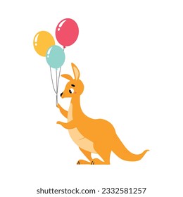 Cute Brown Kangaroo Marsupial Character with Pouch Holding Bunch of Balloons Vector Illustration