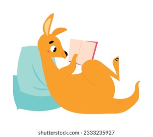 Cute Brown Kangaroo Marsupial Character Leaning on Pillow Reading Book Vector Illustration