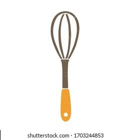 Cute brown kitchen whisk with orange handle isolated on a transparent background. Vector shabby hand drawn illustration