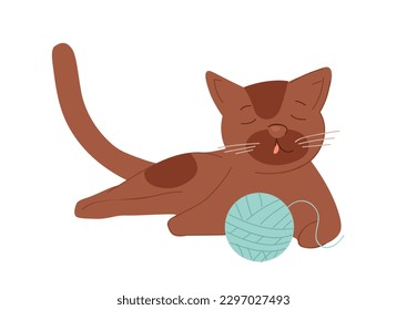 Cute brown kitten with ball. Charming pussycat lies and plays with blue tangle. Domestic animal and pet, kitty. Poster or banner for website. Cartoon flat vector illustration