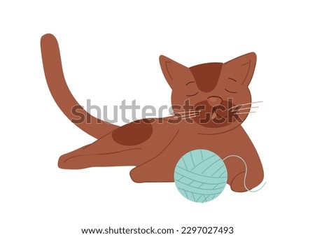 Cute brown kitten with ball. Charming pussycat lies and plays with blue tangle. Domestic animal and pet, kitty. Poster or banner for website. Cartoon flat vector illustration