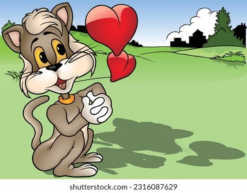 Cute Brown Kitty with Shiny Red Hearts - Colored Cartoon Illustration with Background, Vector