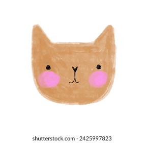 Cute Brown Kitty. Sweet Hand Drawn Cat. Lovely Infantile Style Nursery Vector Art with Head of Happy Kitten. Funny Childish Drawing-like Toy Kitty perfect for Wall Art, Kids' Room Decoration. RGB.