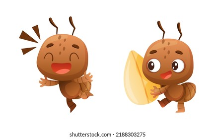 Cute brown little ant carrying sunflower seed and laughing. Funny insect in everyday activities cartoon vector illustration