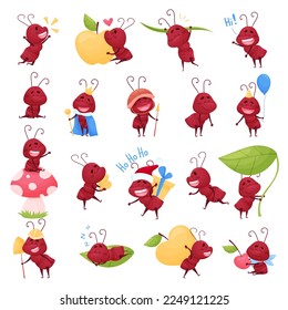 Cute Brown Little Ant Doing Various Activities Big Vector Set