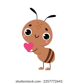 Cute Brown Little Ant Hold Pink Heart and Smiling Vector Illustration