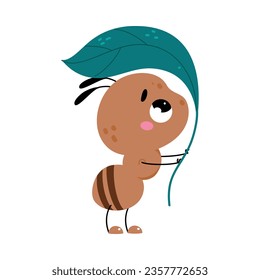 Cute Brown Little Ant Hold Leaf on Stem Vector Illustration