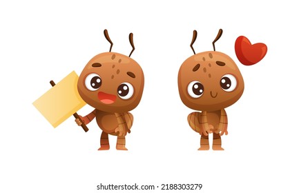 Cute brown little ant with red heart and blank sign board. Funny insect in everyday activities cartoon vector illustration