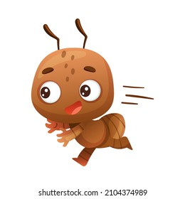 Pequeña hormiga marrón suave corriendo rápido. Graciosa ilustración vectorial del personaje de dibujos animados de insectos