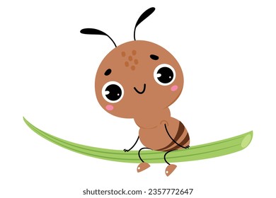Cute Brown Little Ant Sitting on Green Grass and Smiling Vector Illustration