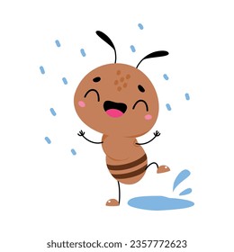 Cute Brown Little Ant Splashing in Puddle and Smiling Vector Illustration