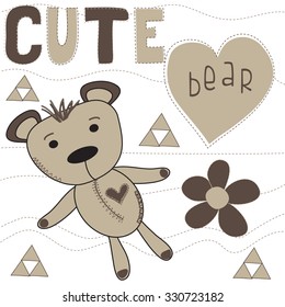 cute brown little bear with triangles and flowers and heart vector illustration
