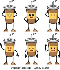 cute brown milk shake chocolate flavour various activity face expression vector