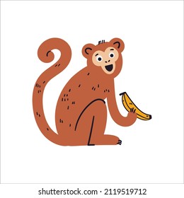 Cute brown monkey with banana vector illustration. Funny hand drawn safari chimp character. Happy chimpanzee isolated on white background. Childish t shirt print design forest and savannah of Africa