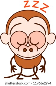 Cute brown monkey in minimalist style with big rounded ears, bulging eyes and long tail sleeping placidly while standing up in a surprising and tired mood