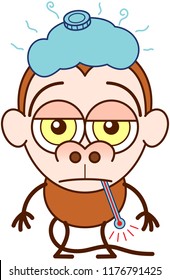 Cute brown monkey in minimalist style with big rounded ears, bulging eyes and long tail while having a thermometer in its mouth, an ice pack above its head, showing a sad mood and feeling sick