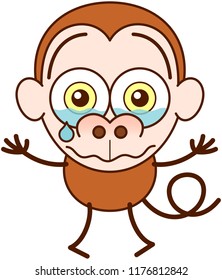 Cute brown monkey in minimalist style with big rounded ears, bulging eyes and long tail while crying bitterly and showing a very sad and dispirited mood