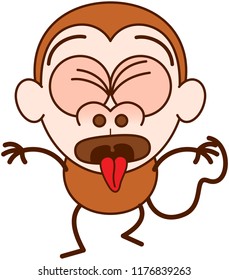 Cute brown monkey in minimalist style with big rounded ears and long tail while clenching its bulging eyes, opening its mouth, sticking its tongue out and expressing disgust as for throwing up