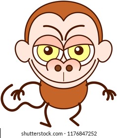Cute brown monkey in minimalist style with big rounded ears, bulging eyes and long tail while walking, frowning, smiling mischievously and showing a naughty mood