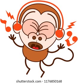 Cute brown monkey in minimalist style with big rounded ears and long tail while wearing earphones, clenching its bulging eyes, listening to music, smiling generously and dancing animatedly
