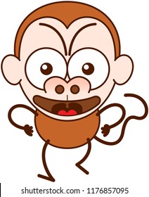 Cute brown monkey in minimalist style with big rounded ears, bulging eyes and long tail while walking, frowning, clenching its fists and showing a very angry mood