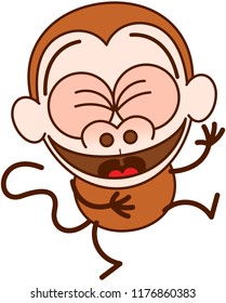 Cute brown monkey in minimalist style with big rounded ears, bulging eyes and long tail while having fun and laughing animatedly