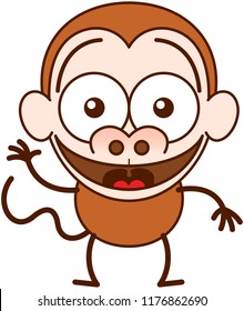 Cute brown monkey in minimalist style with big rounded ears, bulging eyes and long tail while waving, greeting and welcoming animatedly