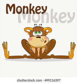 Cute brown monkey on a white background. Sketch a pensive cartoon monkey sitting on the splits. For children children and babes. Vector illustration