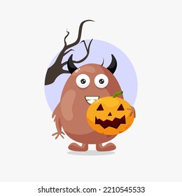 Cute brown monster with pumpkin halloween illustration