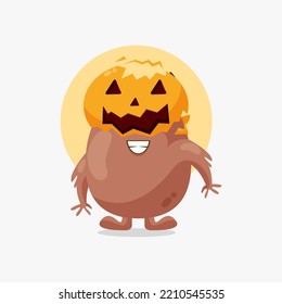 Cute brown monster with pumpkin halloween mask illustration