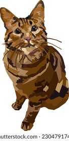 A cute brown mosaic cat on a white background is waiting for affection. A brown mosaic cat sits on a white background. Vector. Illustration.