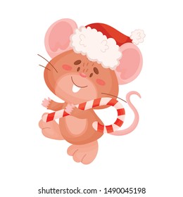 Cute brown mouse carries a lollipop. Vector illustration on a white background.