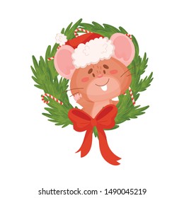 Cute brown mouse and christmas wreath. Vector illustration on a white background.