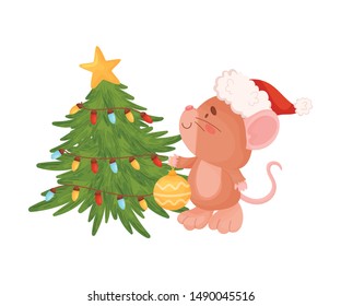 Cute brown mouse decorates a Christmas tree. Vector illustration on a white background.