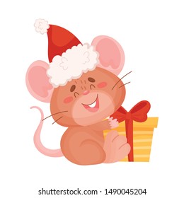 Cute brown mouse with a gift. Vector illustration on a white background.