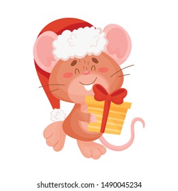 Cute brown mouse with a gift. Vector illustration on a white background.